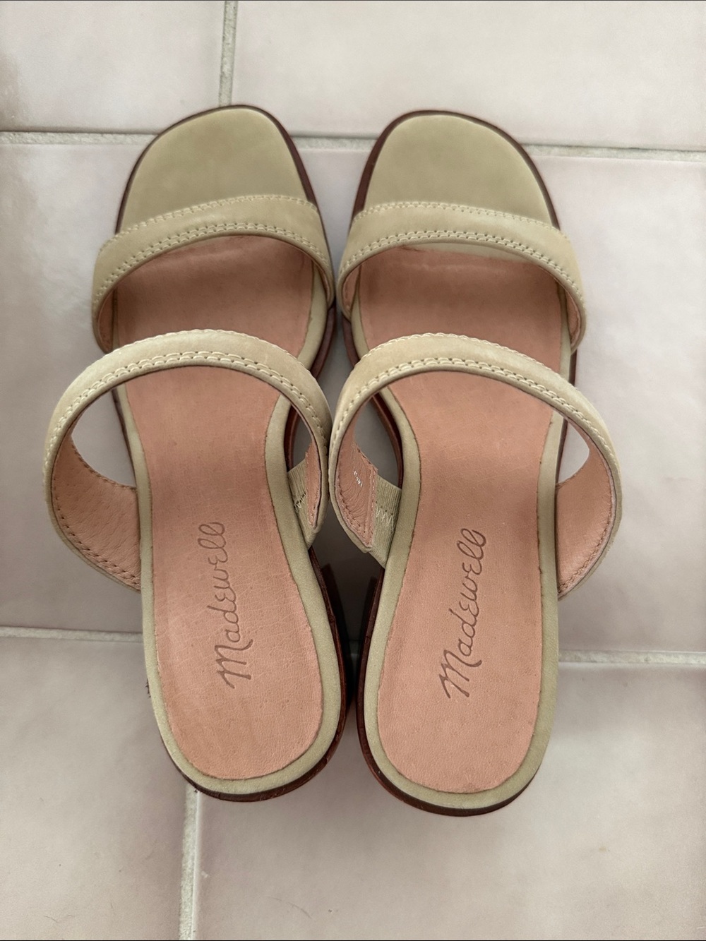 Madewell Double-Strap Heeled Mules in Pale Lichen
